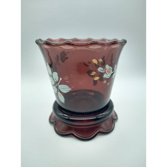 Vintage Amethyst Glass Vase 4” Hand Painted Floral Gold Trim Wear - Picture 4 of 11